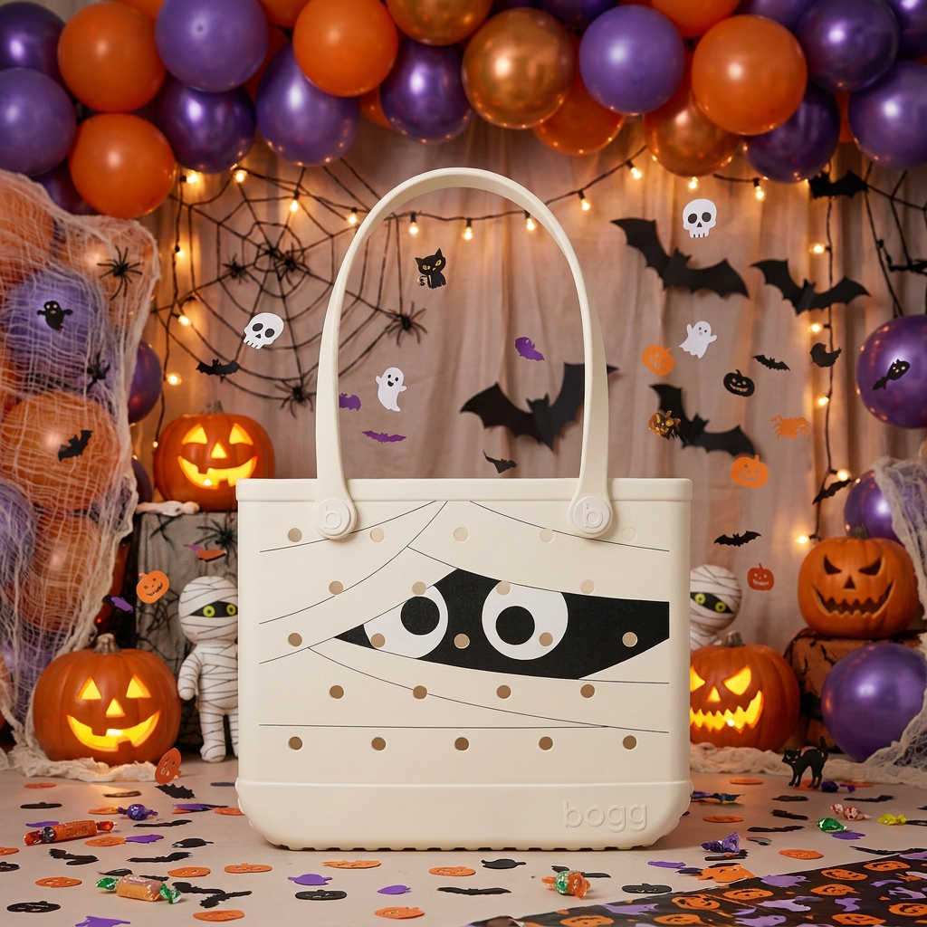 A Halloween-themed mummy costume bag by bogg, decorated with faux bandages and a black eye design, set against a festive backdrop of orange pumpkins, purple and gold balloons, and black bat cutouts.