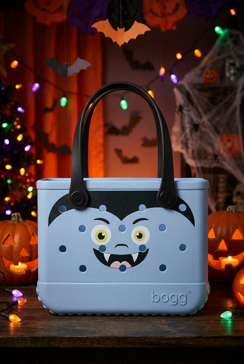 A light blue Crocboxy Halloween treat basket with black handles, featuring a vampire face graphic on the front. The basket is displayed on a wooden table surrounded by festive Halloween decorations, including glowing jack-o'-lanterns, cobwebs, and string lights.
