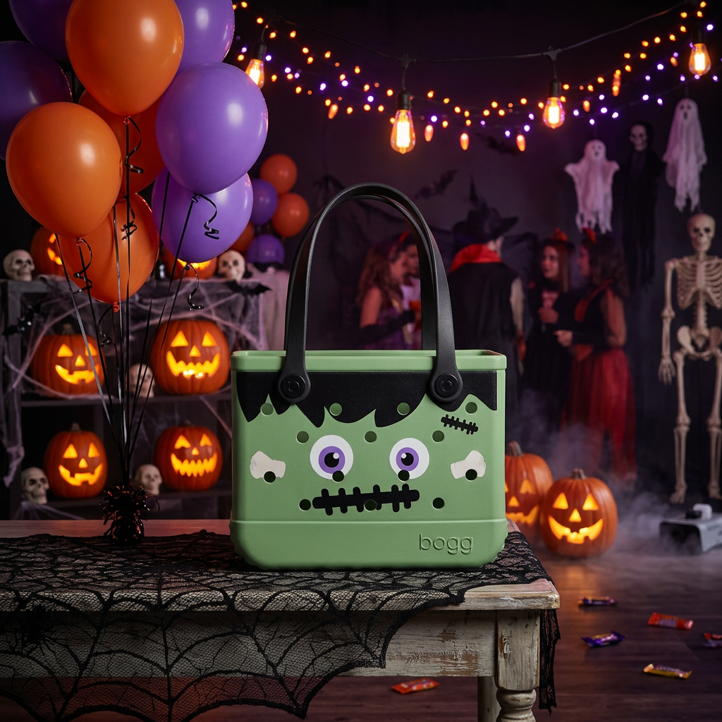 A green Frankenstein-themed buggie tote bag with a monster face sits on a table in a Halloween-decorated room with balloons, jack-o'-lanterns, and candy.