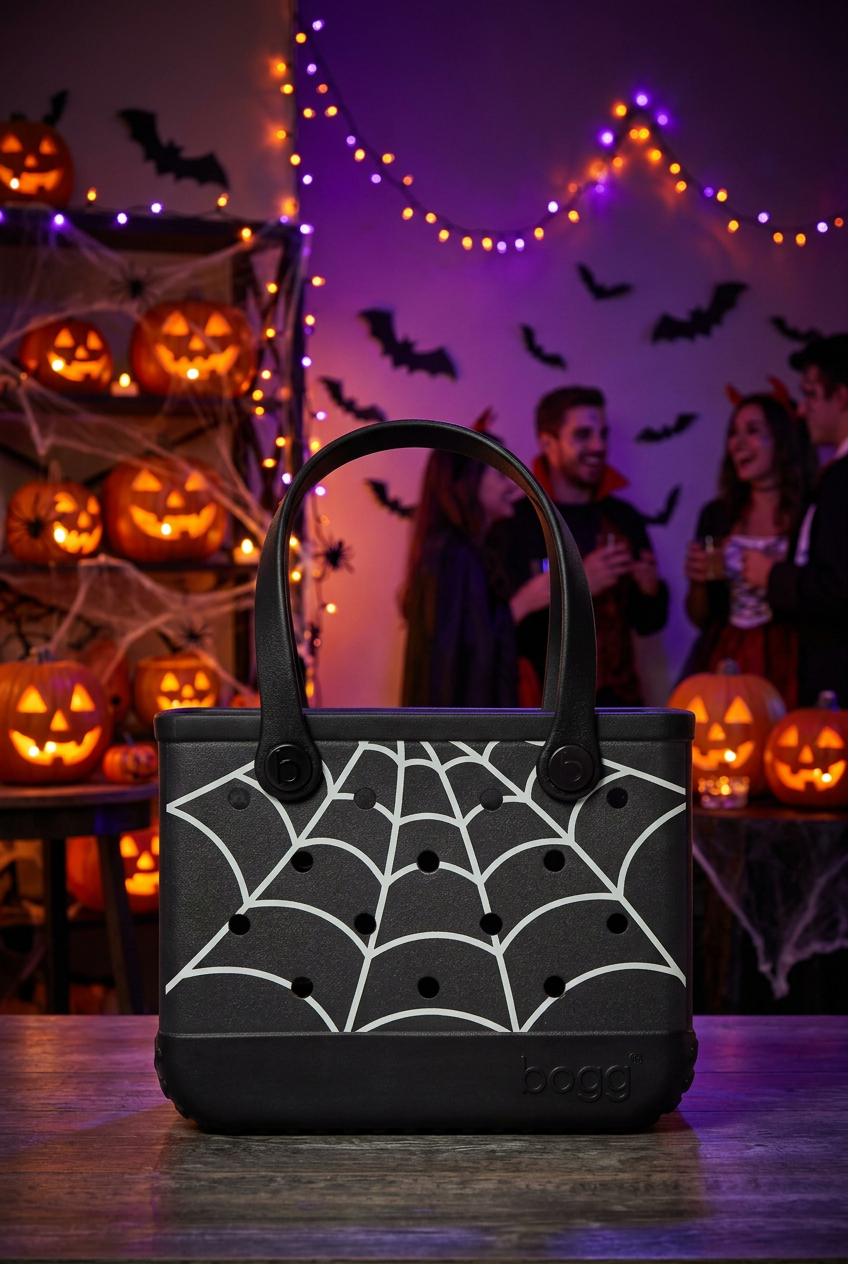 A black tote bag with a white spiderweb pattern and black circular cutouts sits on a wooden table in a Halloween-themed setting with people, pumpkins, and string lights in the background.