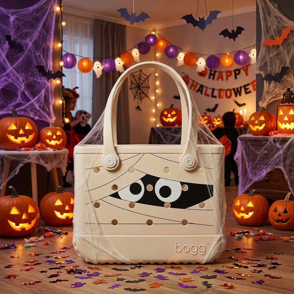 A Bogg brand Halloween-themed tote bag designed to look like a mummy wrapped in bandages, featuring a printed face with large white eyes and black pupils. The bag is decorated with faux spiderwebs and stands in a decorated Halloween room with jack-o'-lanterns, balloons, and a 'Happy Halloween' banner.