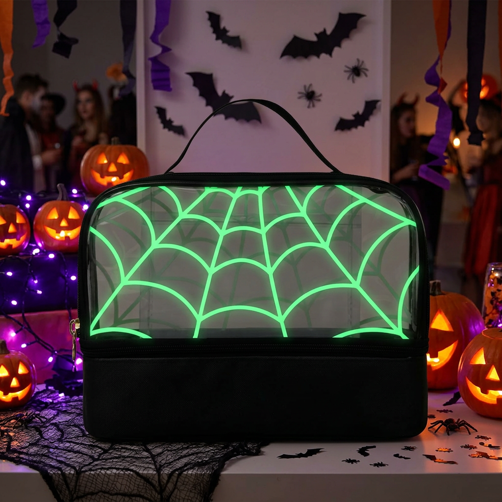 A black rectangular storage bag or organizer with a transparent front panel, decorated with a glowing green spiderweb pattern. The bag is set on a Halloween-themed table with pumpkins, black lace, and party decorations in the background.