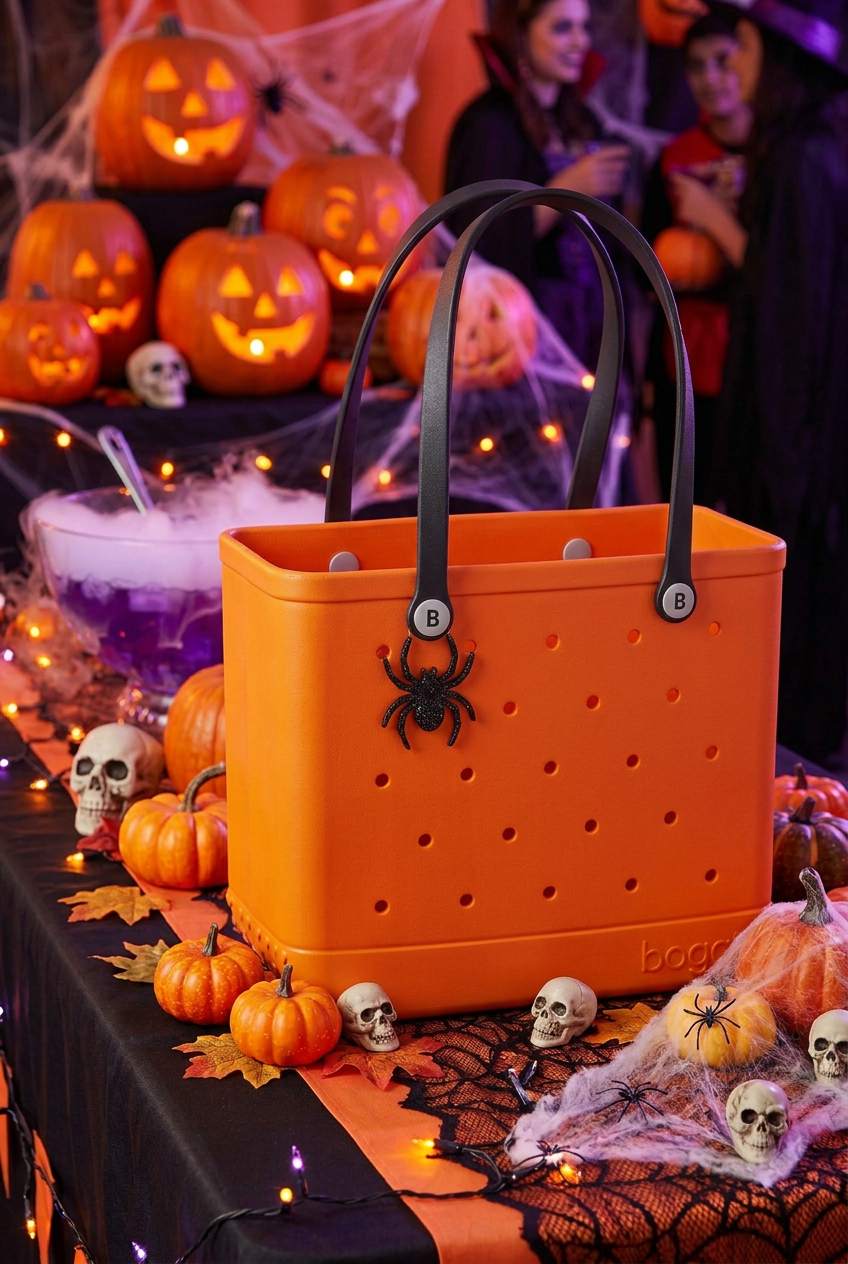 An orange Halloween-themed plastic basket with black handles sits on a decorated table. The basket has a perforated front, a black spider ornament, and a small 'hehe' logo near the base.