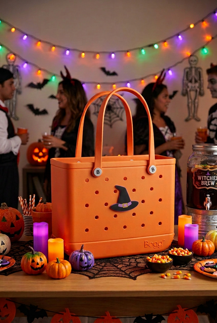 An orange plastic Halloween basket bag with a witch hat emblem and 'Boo' branding, displayed on a decorated Halloween table with pumpkins, candles, and guests in the background.