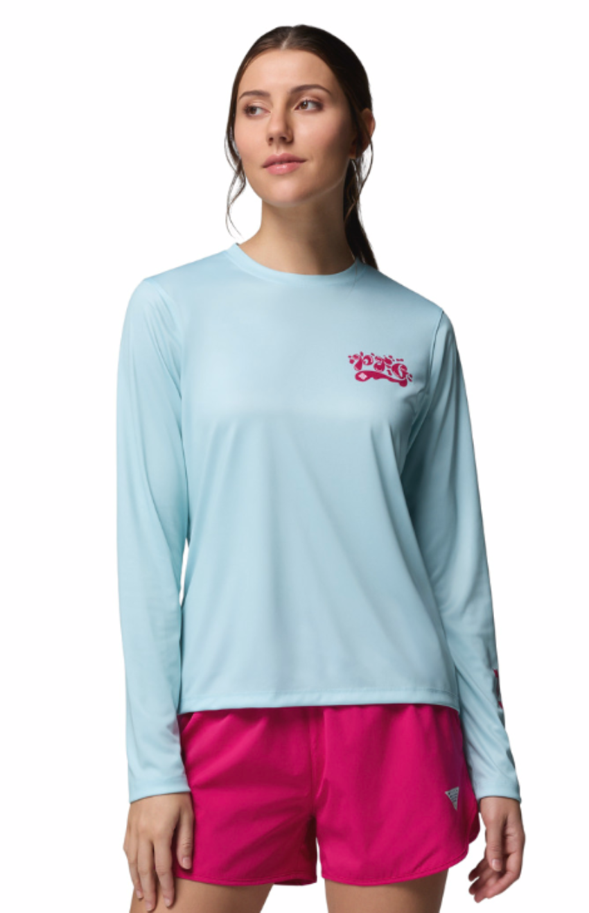 Columbia Women's PFG Tidal Tee Palm Waves LS Shirt Marine Light