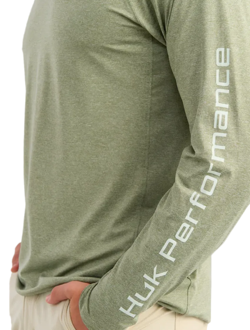 HUK Men's Airweight Long Sleeve Crew Seagrass Heather