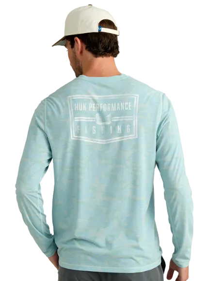 Huk Men's Drift Printed LS Crew Heron Blue