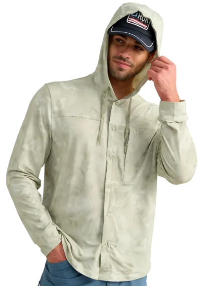 Huk Men's Watershed Printed Button Up Hooded Shirt Seagrass