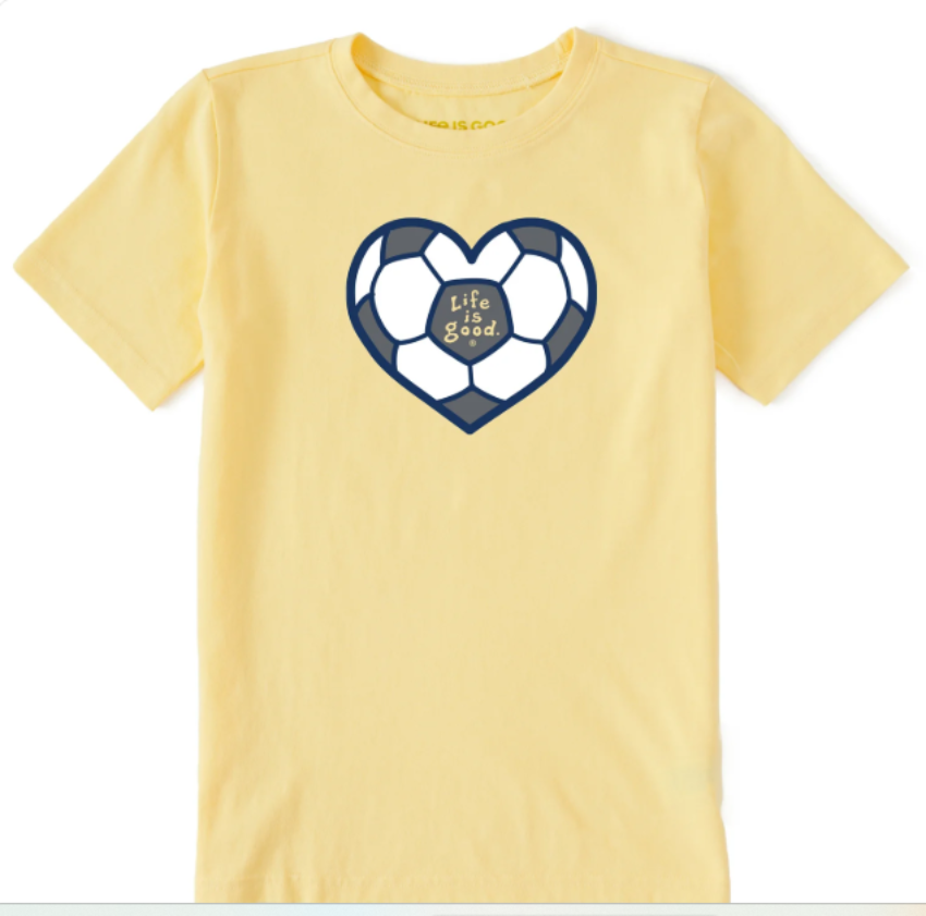 Life is Good Kid Girl's Soccer Heart SS Crusher Tee Sandy Yellow