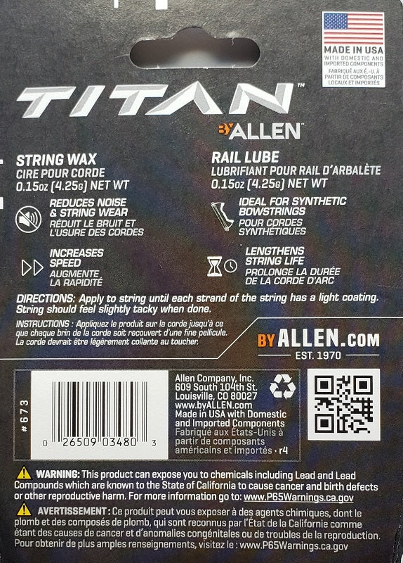Allen Titan Crossbow String Wax & Rail Lube 673