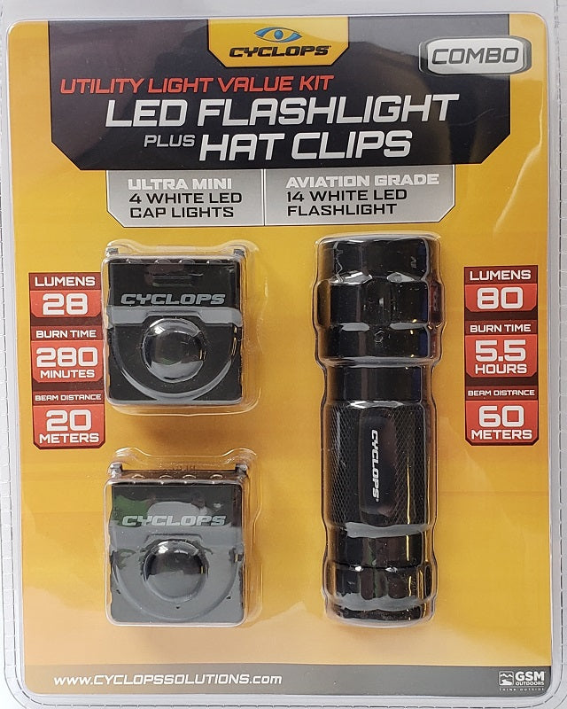 Cyclops LED Flashlight Plus Hat Clip Lights Combo
