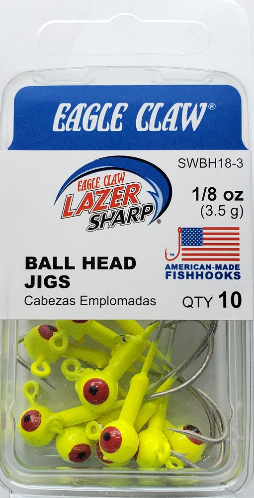 Eagle Claw Ball Head Jigs 1/8oz 10pk Chartreuse SWBH18-3