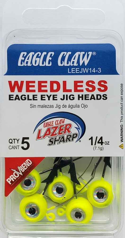 Eagle Claw Weedless Eagle Eye Jig Heads 1/4oz 5pk Chartreuse LEEJW14-3