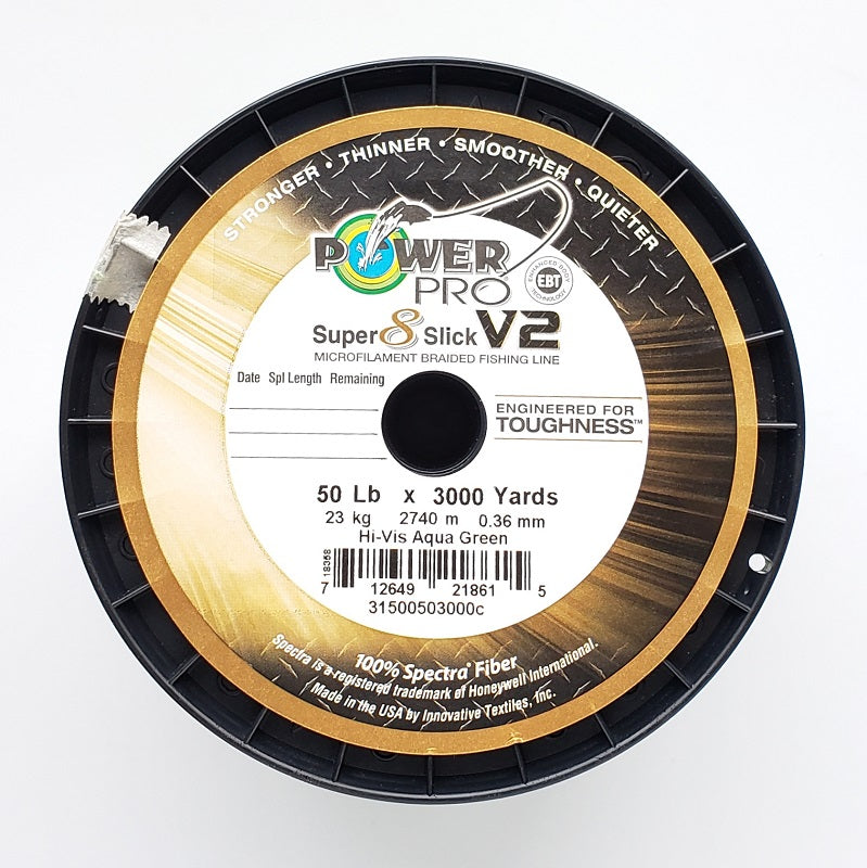 Power Pro Super 8 Slick V2 Hi-Vis Aqua Green 50 lbs 3000 yds Braided Fishing Line Power Pro Super 8 Slick V2 Hi-Vis Aqua Green 50 lbs 3000 yds Braided Fishing Line