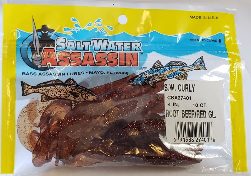 SaltWater Assassin Curly Tail Rootbeer/Red Glitter 4" 10pk