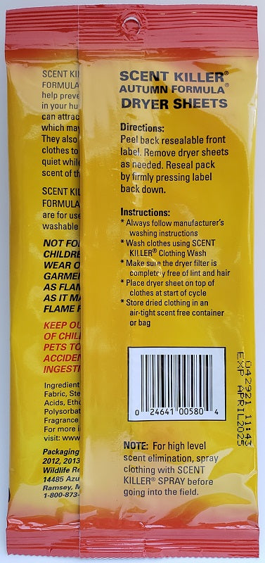Wildlife Research Scent Killer Dryer Sheets Autumn Formula 12pk 580