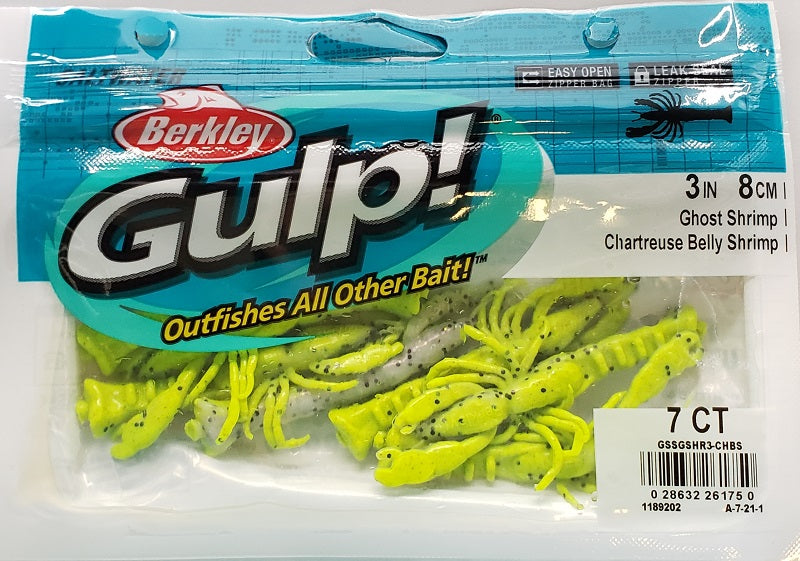 Berkley Gulp! Ghost Shrimp Chartreuse Belly 3" 7pk