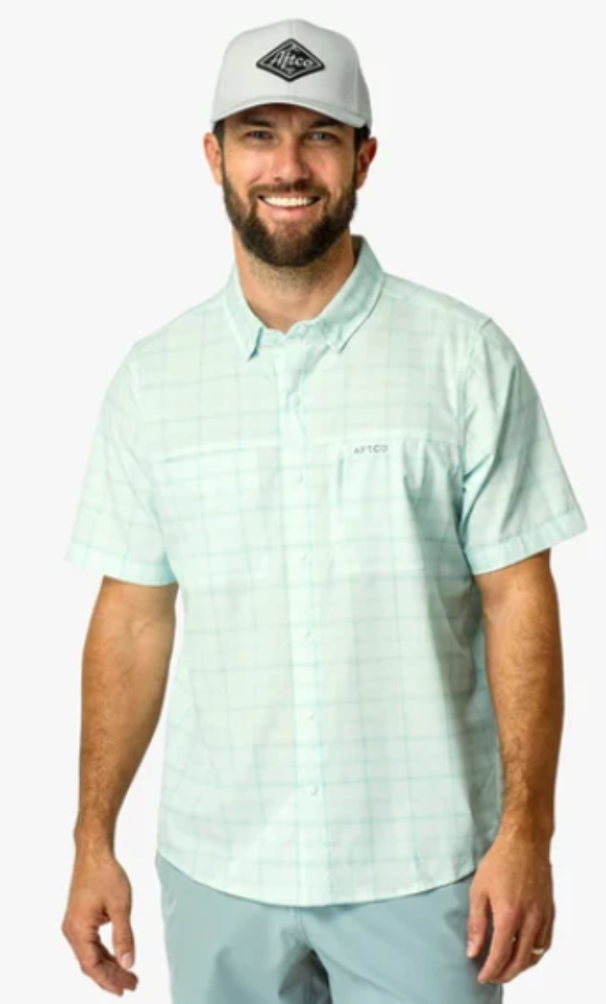 AFTCO Men's Seabreeze SS Button Down Shirt Aqua Glass