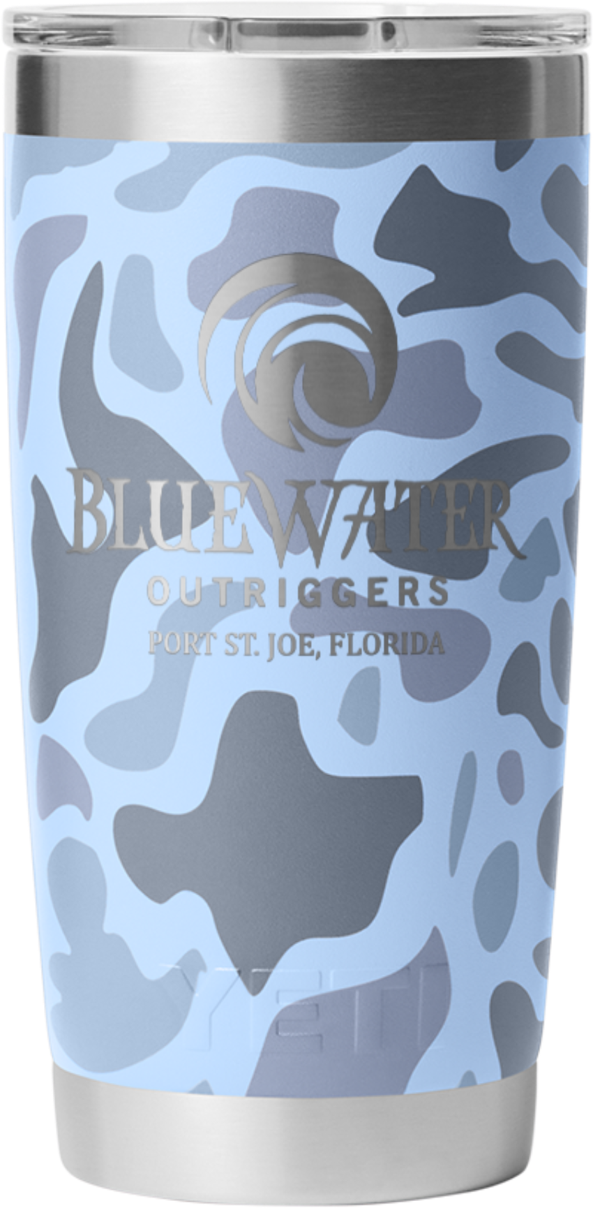 Bluewater Outriggers Custom Yeti Rambler 20 oz Tumbler with Magslider Lid Blue Camo