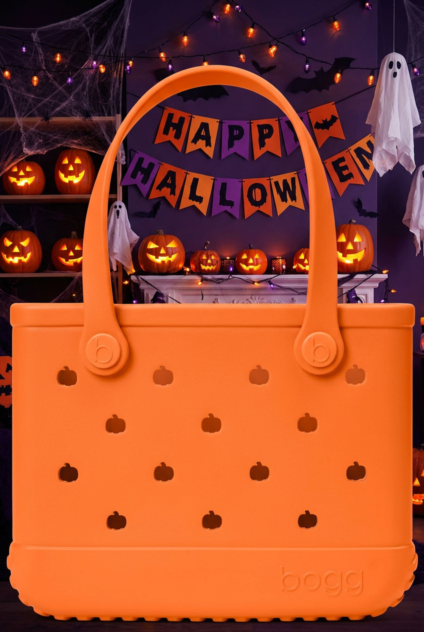 An orange Bogg Halloween-themed tote bag with pumpkin cutouts, set against a decorated Halloween background with jack-o'-lanterns, a 'Happy Halloween' banner, and a ghost.