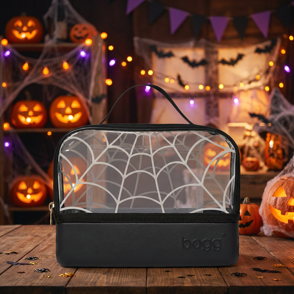 A black Bogg travel toiletry case with a clear front panel printed with a white spiderweb pattern, set on a wooden table against a spooky Halloween background with pumpkins, cobwebs, and string lights.