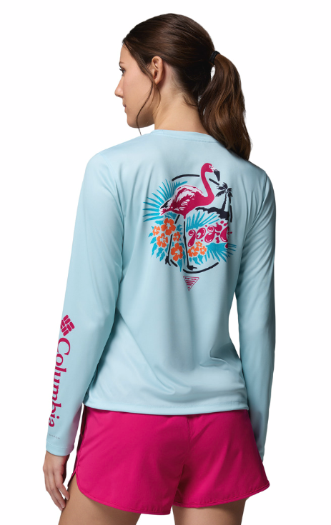 Columbia Women's PFG Tidal Tee Palm Waves LS Shirt Marine Light