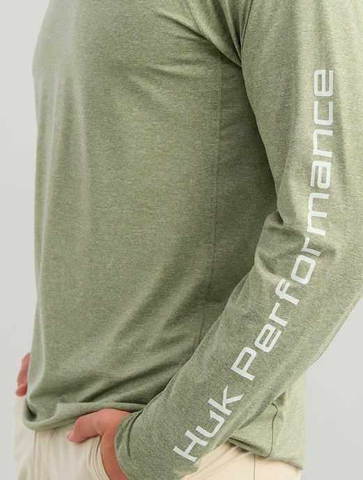 HUK Men's Airweight Long Sleeve Crew Seagrass Heather