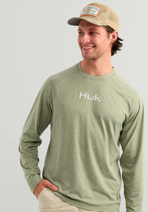 HUK Men's Airweight Long Sleeve Crew Seagrass Heather