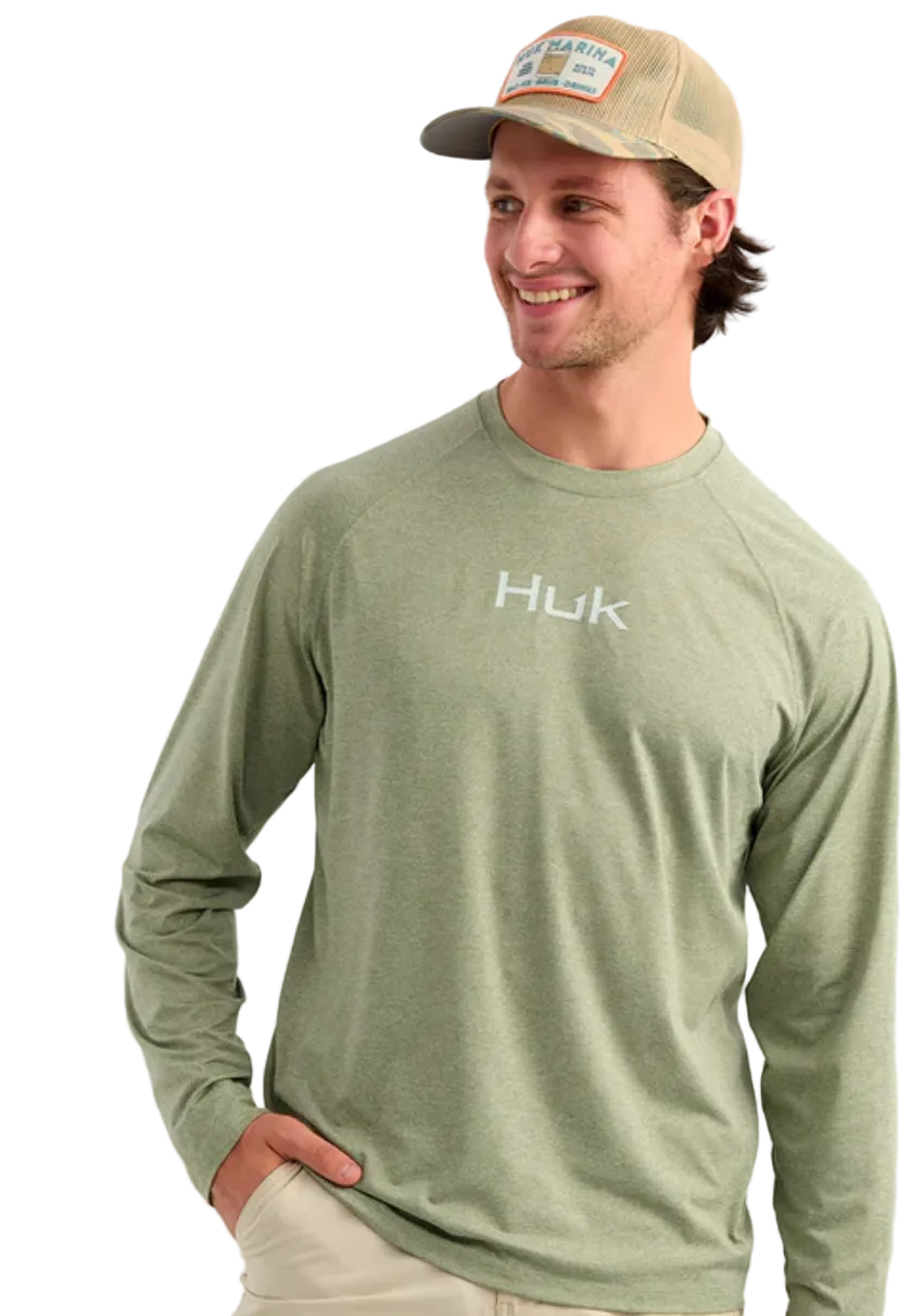 HUK Men's Airweight Long Sleeve Crew Seagrass Heather