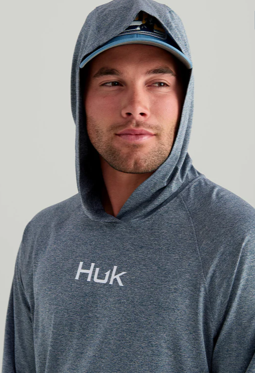 HUK Men's Airweight Long Sleeve Hoodie Stormy Blue Heather
