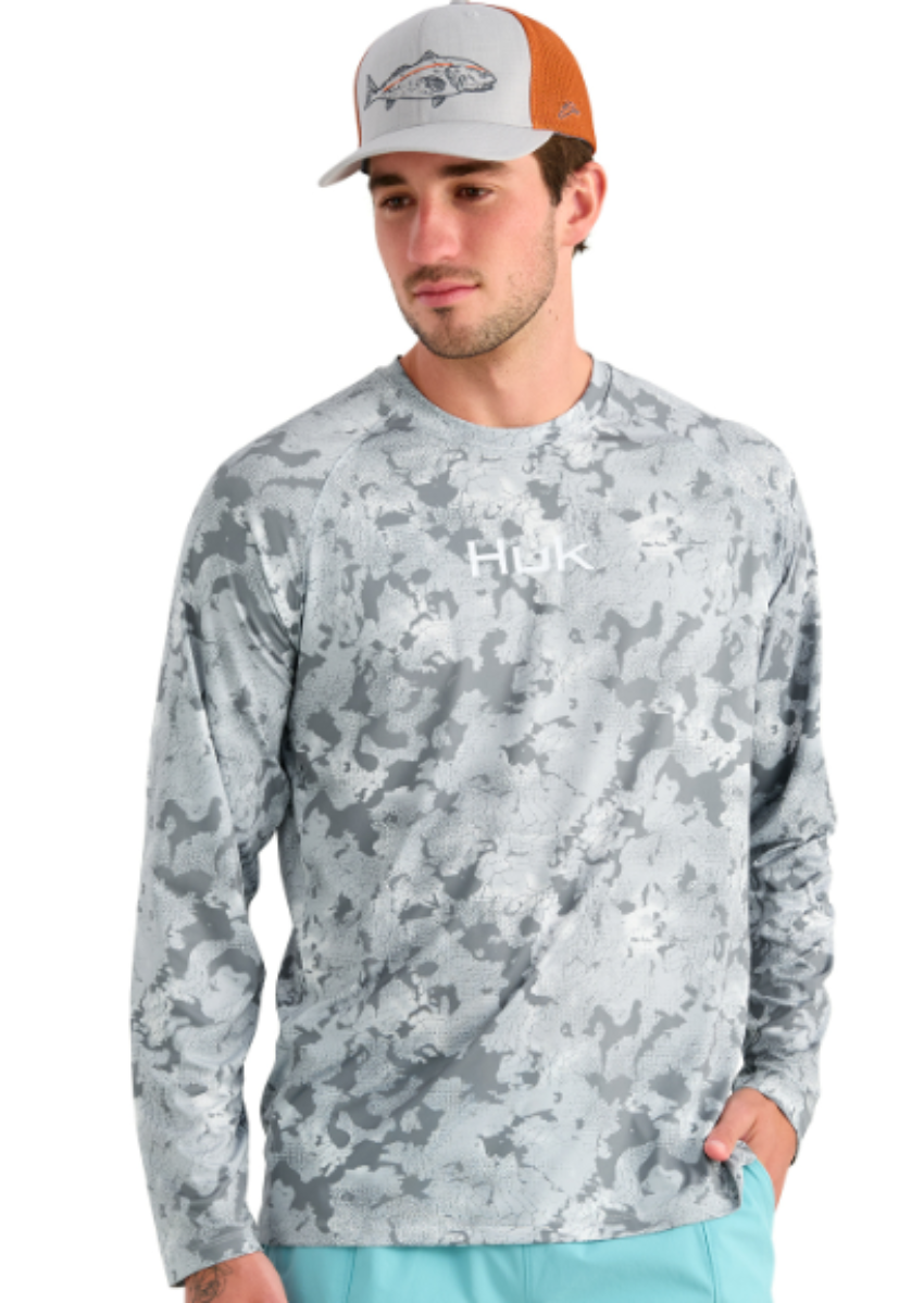 Huk Men's Airweight KC Printed LS Crew Sharkskin