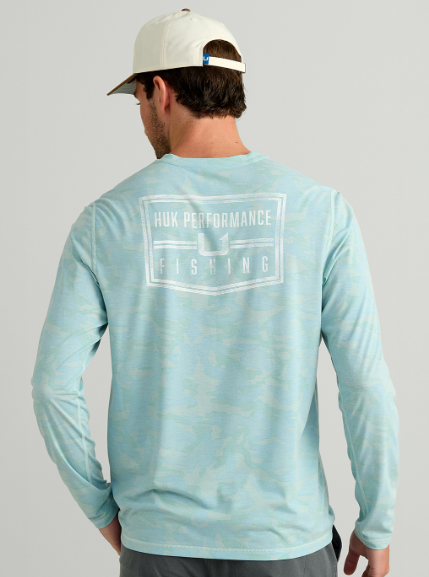 Huk Men's Drift Printed LS Crew Heron Blue