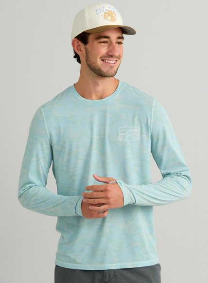 Huk Men's Drift Printed LS Crew Heron Blue