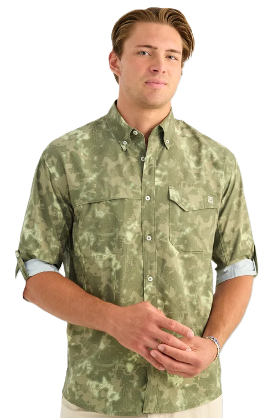 Huk Men's KC Print Tide Point Button-Down LS Shirt Moss Tideloom Camo