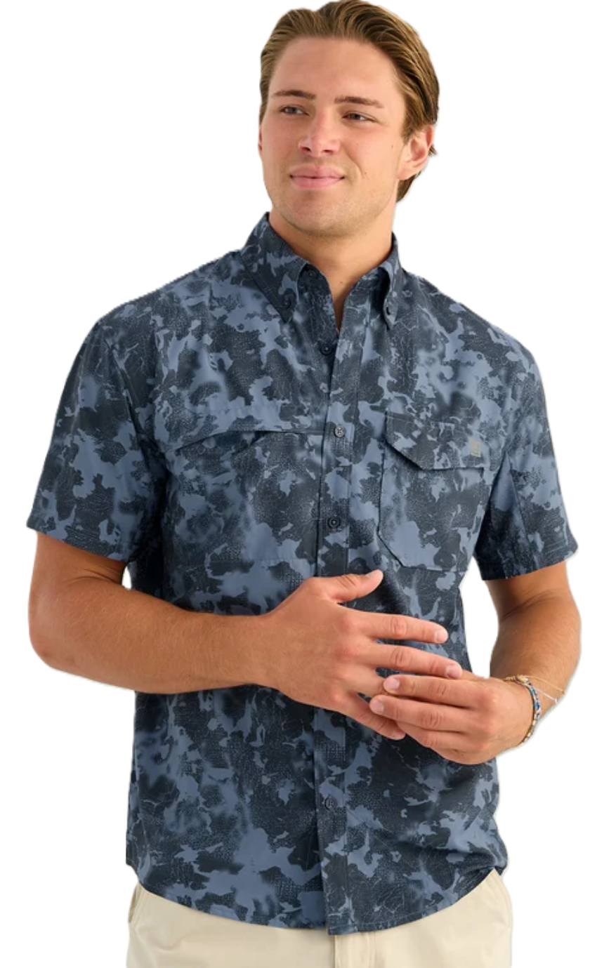 Huk Men's KC Tide Point SS Button-Down Shirt Stormy Blue Tideloom Camo