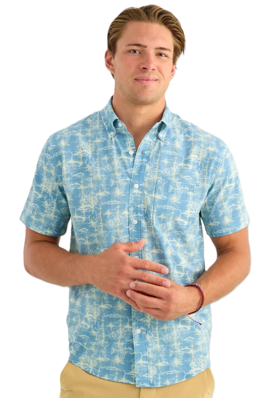 Huk Men's Kona Printed SS Button Down Blue Shadow
