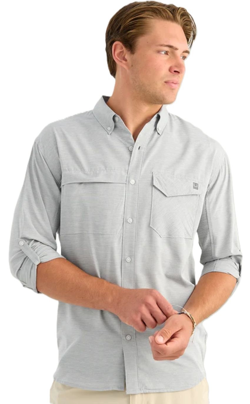 Huk Men's Tide Point Heathered Ripstop Button-Down LS Shirt Sharkskin Heather