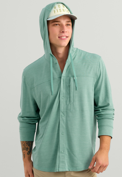 Huk Men's Watershed Button Up Hooded Shirt Mineral Blue Heather