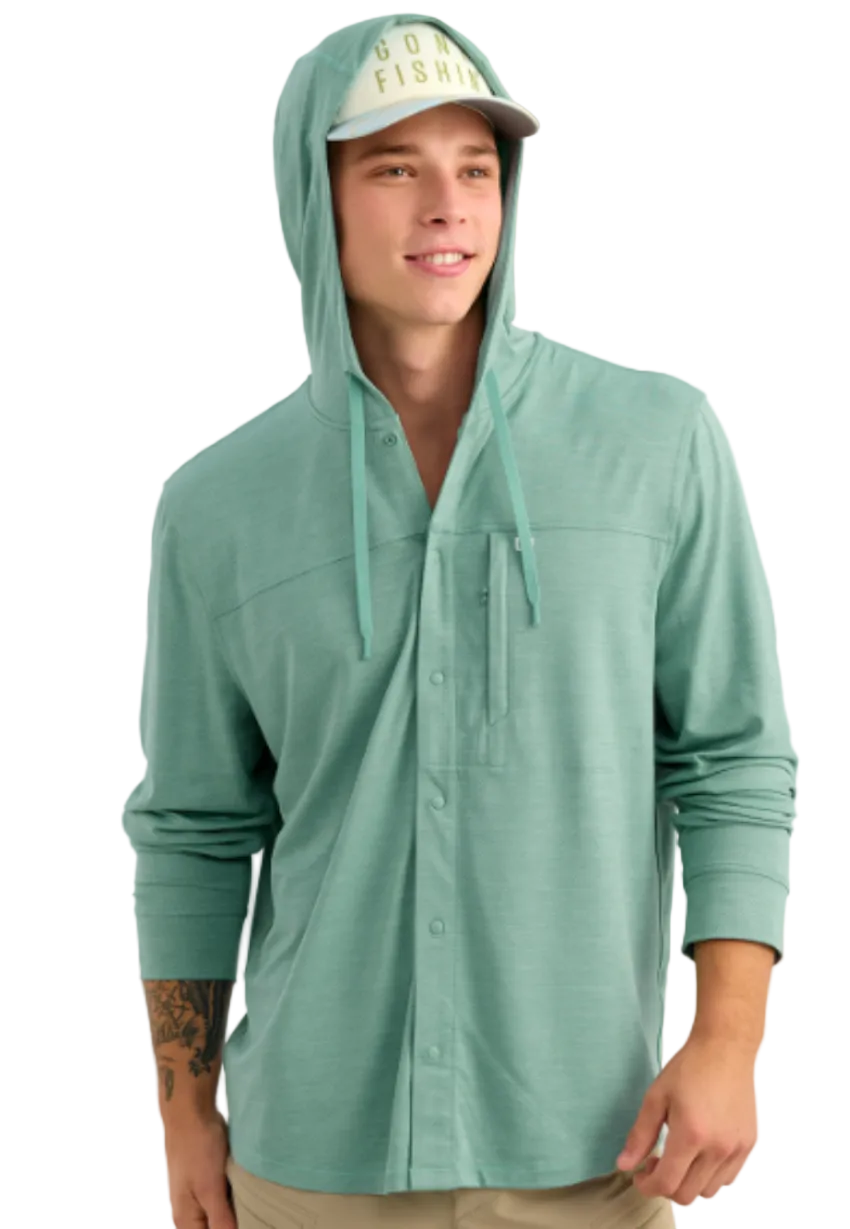 Huk Men's Watershed Button Up Hooded Shirt Mineral Blue Heather