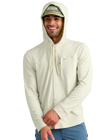 Huk Men's Watershed Button Up Hooded Shirt Silver Birch/Heather