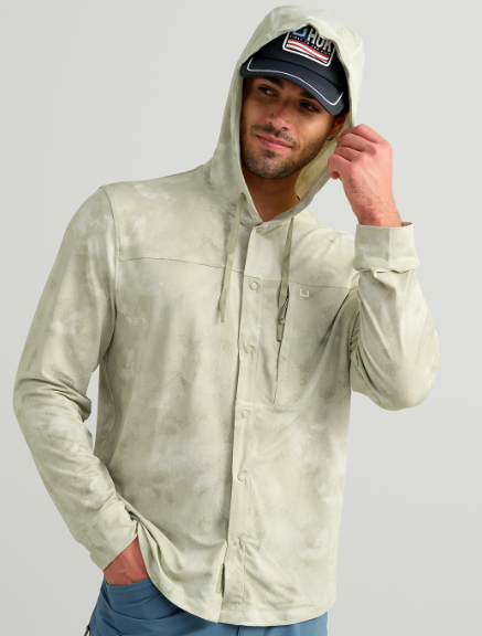 Huk Men's Watershed Printed Button Up Hooded Shirt Seagrass