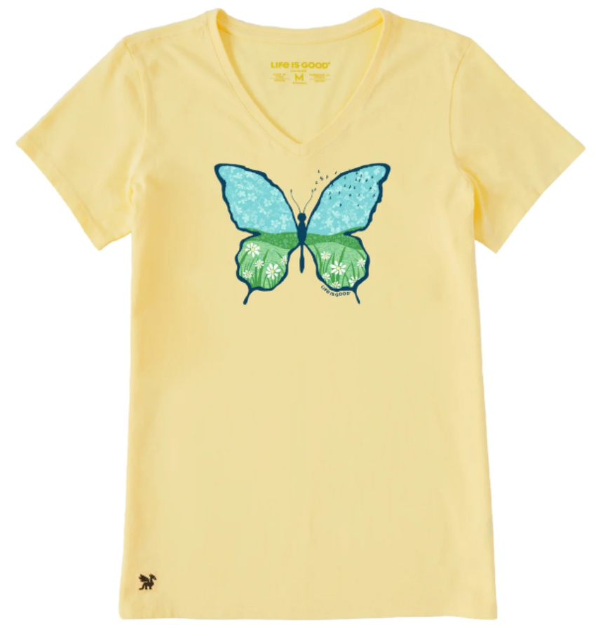 Life Is Good Women's Butterfly Meadow SS Crusher-LITE Vee Shirt Sandy Yellow