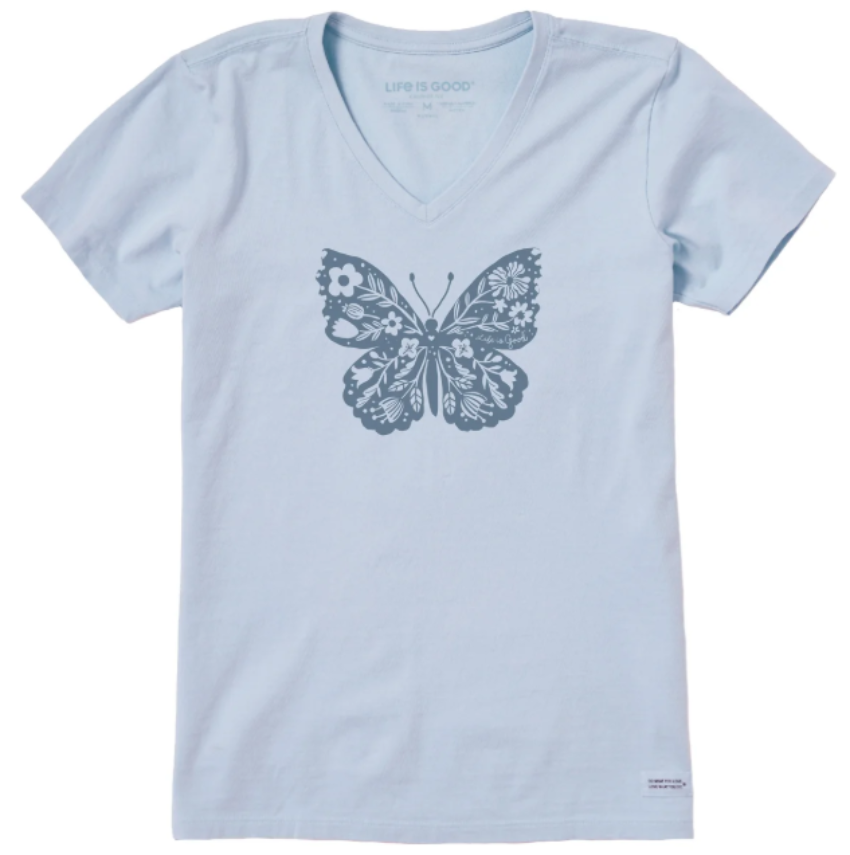 Life Is Good Women's Floral Woodcut Butterfly SS Crusher Vee Glacier Blue