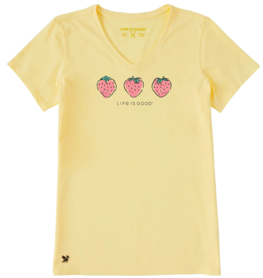 Life Is Good Women's Three Crafty Strawberries SS Crusher Vee Sandy Yellow