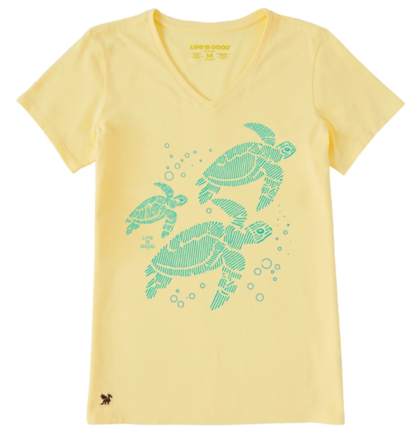 Life Is Good Women's Three Sea Turtles Bubbling By SS Crusher Vee Sandy Yellow