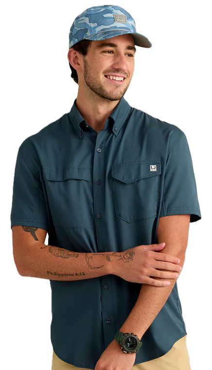 Huk Men's Tide Point SS Button-Down Shirt Sea Storm