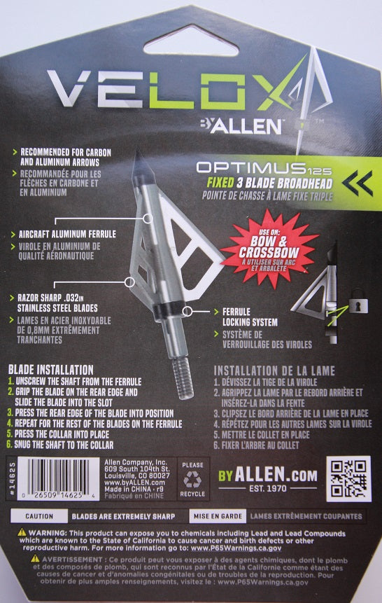 Allen Velox Optimus 125 Fixed 3 Blade Broadhead 14625