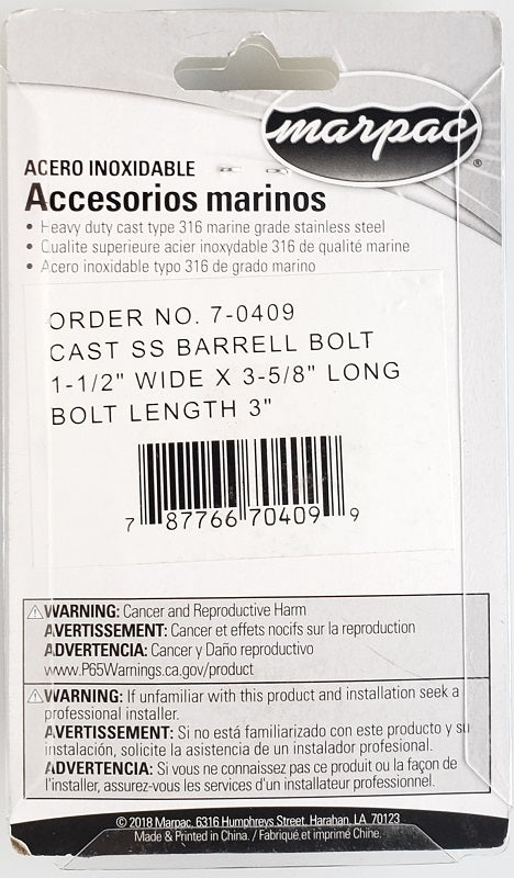 Marpac 3" Stainless Steel Barrell Bolt 7-0409