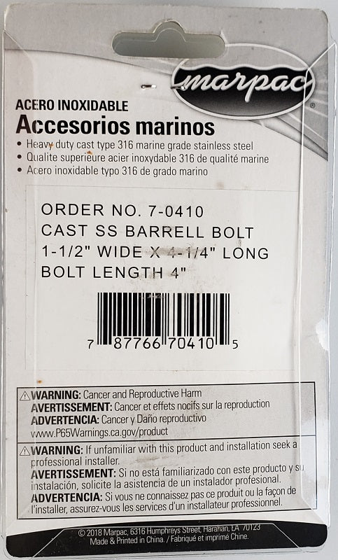 Marpac 4" Stainless Steel Barrell Bolt 7-0410