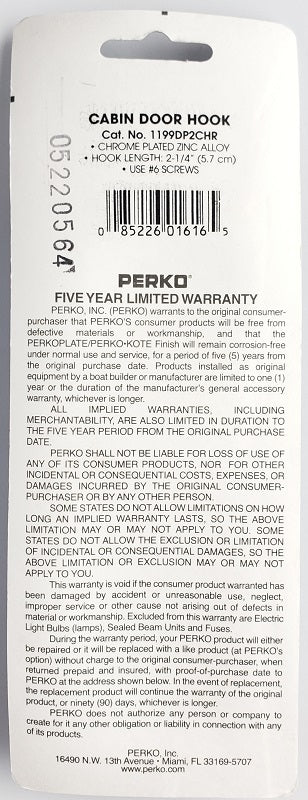 Perko 2-1/4" Cabin Door Hook 1199DP2CHR